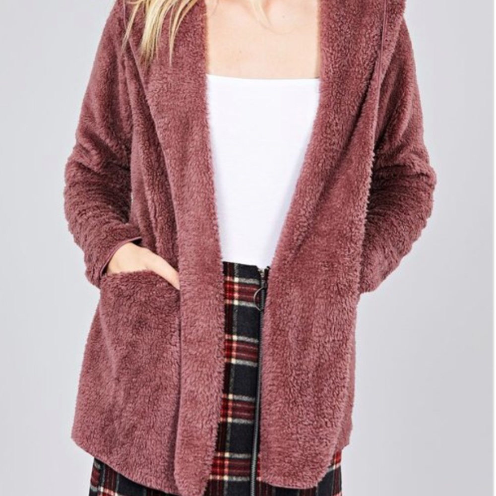 Burgundy OPEN FRONT FAUX FUR JACKET- Hoodie - Picture 3 of 4